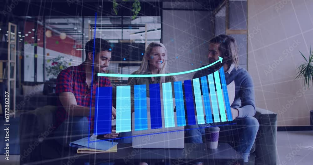 Poster animation of statistical data processing against diverse colleagues discussing together at office