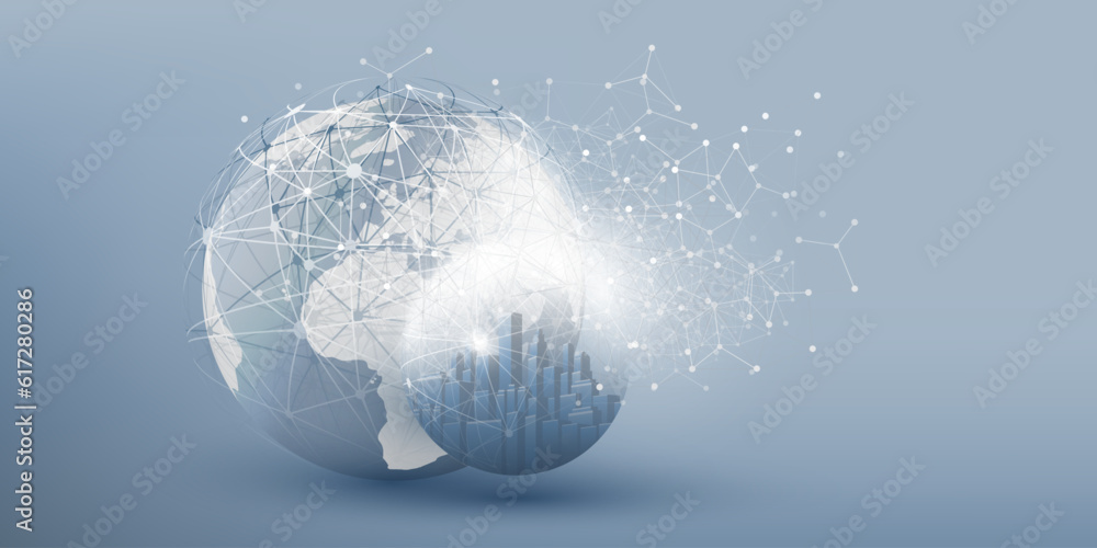Poster futuristic smart city, iot and cloud computing design concept with polygonal mesh, cluster and nodes
