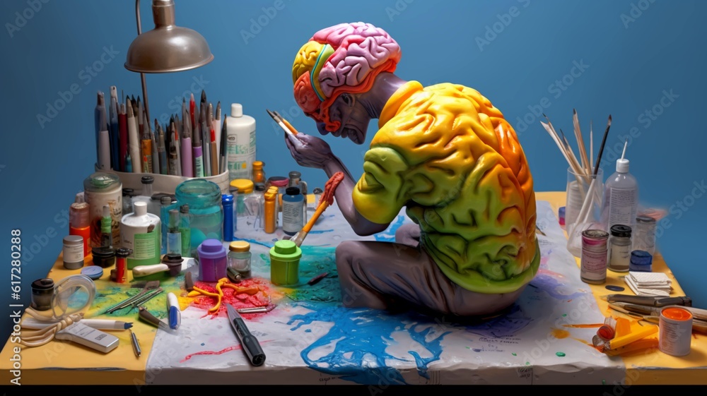 Poster the artist in the form of a brain draws and develops creative abilities. the concept of brain develo