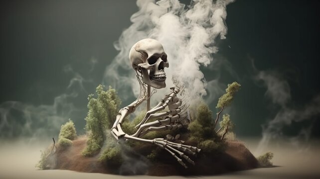 Human skull in smoke. The concept of death from environmental and air pollution and smoking. AI generated