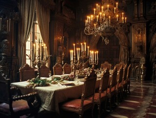 Fototapeta na wymiar Luxury dining room with elegant chandelier lighting and candlelight to illuminate the room. Generative AI