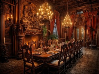 Fototapeta na wymiar Luxury dining room with elegant chandelier lighting and candlelight to illuminate the room. Generative AI