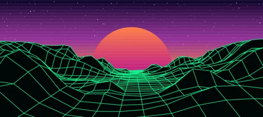 Foto op Aluminium Digital retro landscape 1980s style. Futuristic cyber surface. 80s Retro Sci-Fi background. Album cover or banner in the style of the 80-90s. Vector illustration. © Vitalii