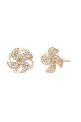 Subject shot of golden stud earrings made as a flower and decorated with sparkling rhinestones. The moveable earrings are isolated on the white background. Front and back views.