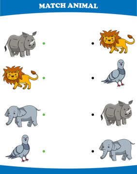 Education game for children connect the same picture of cute cartoon wild animal rhino lion elephant dove printable