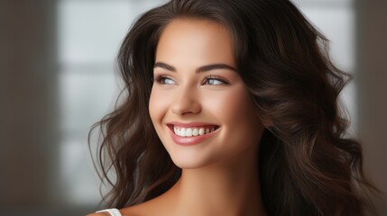 Smiling woman with healthy teeth, Beauty portrait of smiling laughing woman, clean fresh face.