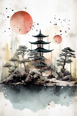 Print art canvas illustration watercolor. vintage, boho, minimal, ukiyo, image of a Zen garden after a storm,
where the air is crisp, and every leaf and stone is washed clean Generative AI