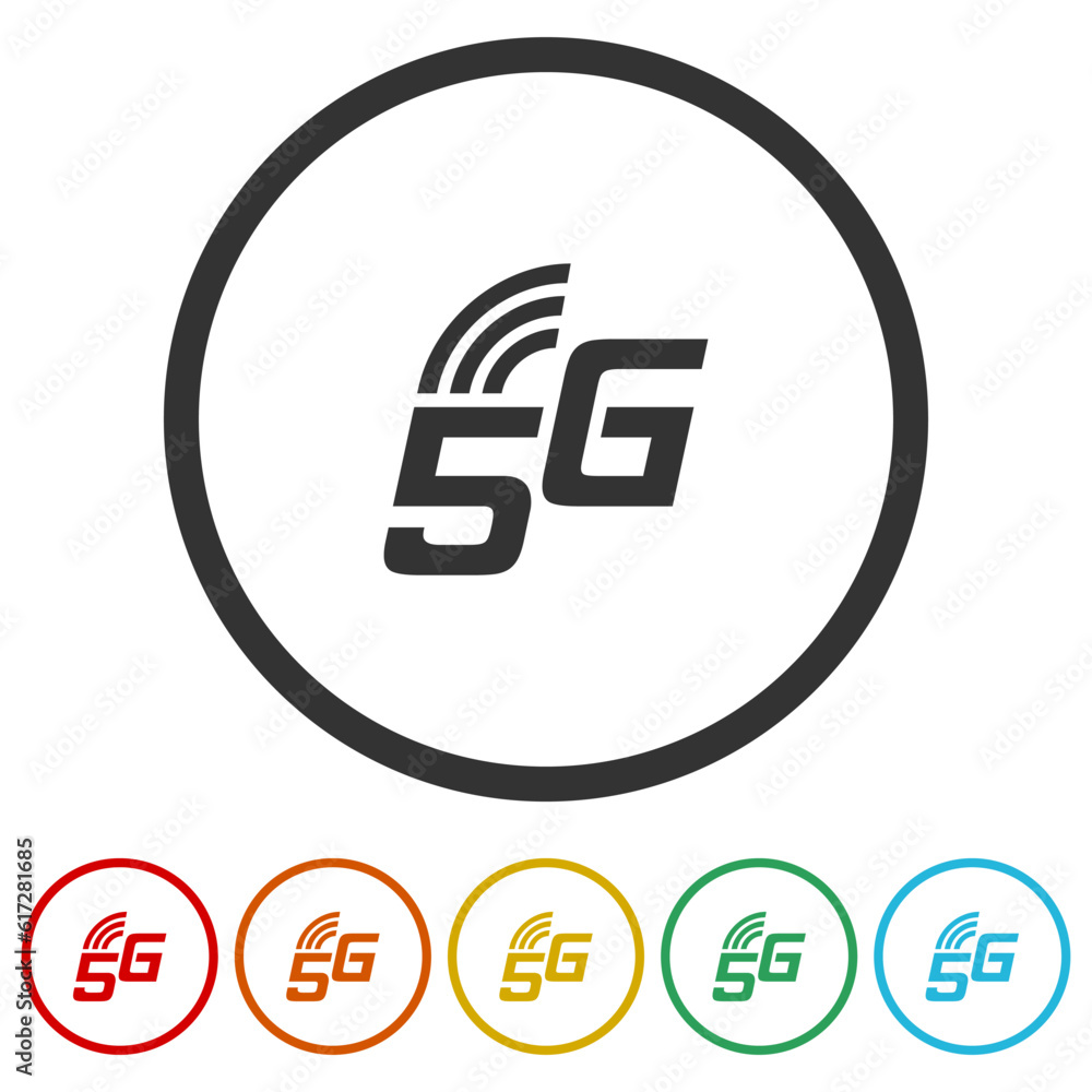 Poster 5g icon network coverage area. set icons in color circle buttons