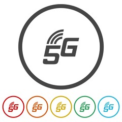  5G icon network coverage area. Set icons in color circle buttons