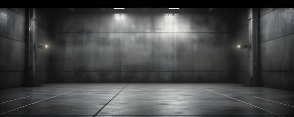 Website slide backdrop empty dark gray industrial concrete scene with floor and back wall and light rays Generative AI