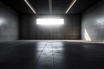 Website slide backdrop empty dark gray industrial concrete scene with floor and back wall and light rays Generative AI