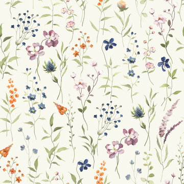 Summer floral pattern with colored flowers and green leaves, watercolor seamless print in rustic provence style for textile, cover, background, floral wallpapers.