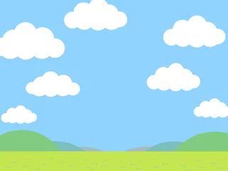 Fotobehang 青空とたくさんの雲と草原のシンプルなイラスト © Rabbit tail