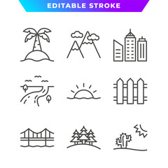 Set of Landscape Outline Icon. Island, City, Mountains, River, Bridge, Desert, and More. Editable Stroke. Vector Eps 10