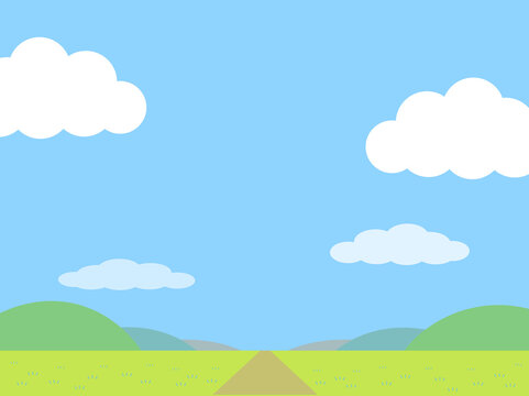 青空と雲と草原と一本道のシンプルなイラスト