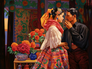 Fototapeta na wymiar Pareja tradicional, folklorica mexicana, colorida. ai generada