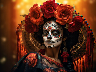Retrato mujer catrina colorida tradicional folclore, mexicano. ia generada