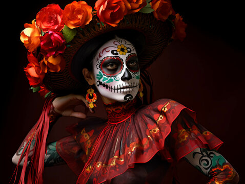 Retrato mujer catrina colorida tradicional folclore, mexicano. ia generada