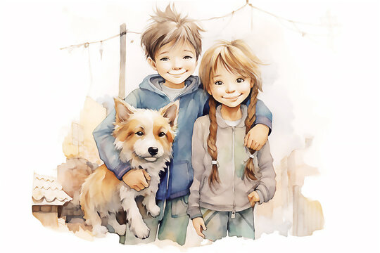 Children adopting  dog from animal shelter taking her home. Post processed AI generated image.
