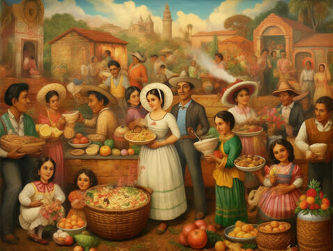 Ilustración pueblo tradicional colorido folklórico, latino, mexicano. ia generada