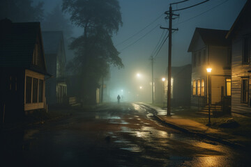 Fototapeta premium An empty illuminated ghost town street lamps lighting up the road through the trees and village in a fog on a rainy autumn day, street lanterns. Halloween background. Generative AI