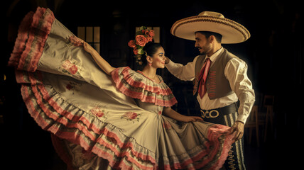 Obraz premium Pareja tradicional, folklorica mexicana, colorida. ai generada