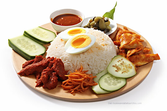 flat lay traditional nasi lemak meal composition, ultra hd white background