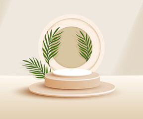 3d product podium and pedestal in beige color with palm leaves. 3d rendering vector background view with podium. To display 3d cosmetic products.