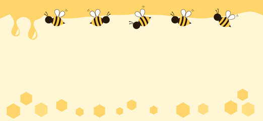 Beehive honey sign with hexagon grid cells and bee cartoons on yellow background vector.