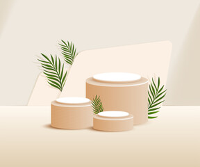 3d product podium and pedestal in beige color with palm leaves. 3d rendering vector background view with podium. To display 3d cosmetic products.