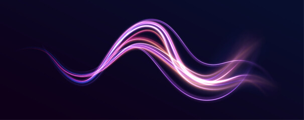 Illustration of light ray, stripe line with blue light, speed motion background. Panoramic high speed technology concept, light abstract background. - obrazy, fototapety, plakaty