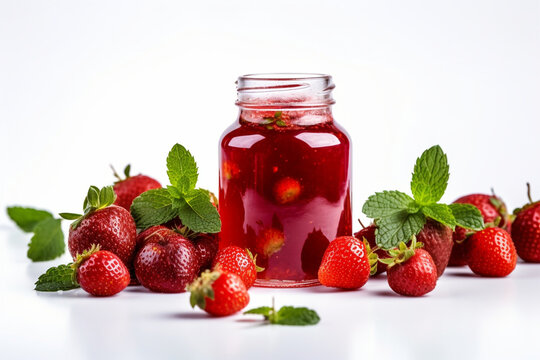 strawberry jam and fruit on a white background