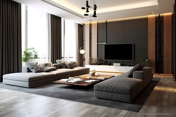 Obraz na płótnie Canvas Modern living room interior with black empty wall,Generative AI