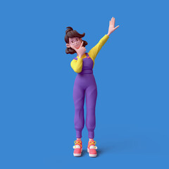 Cute kawaii excited asian colorful active k-pop girl in fashion clothes purple overalls, yellow t-shirt touches her chin with index finger and thumb, one hand is raised up. 3d render on blue backdrop