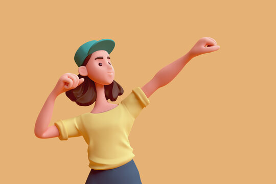 Portrait of cute kawaii positive asian colorful active k-pop girl in fashion clothes blue pants, yellow t-shirt, green cap in fighting pose, hands in fist, strong gesture sports training. 3d render.