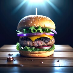 Fresh tasty burger on dark background. Generative AI