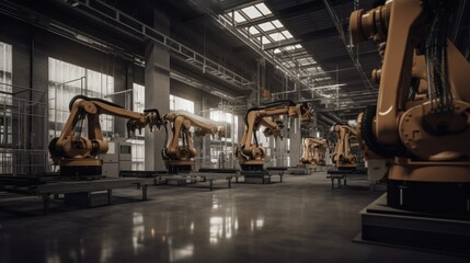 Fototapeta na wymiar Industrial robot arm in factory. Industrial robot arm in factory warehouse. Generative AI