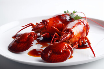 plate of lobster with spicy sauce white background