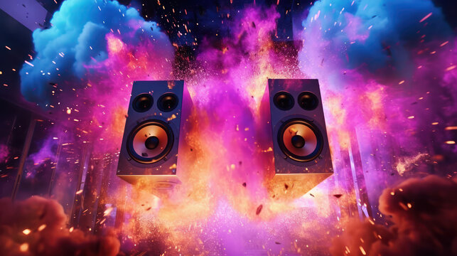Epic speakers in flames and smoke music symbols on colorful background