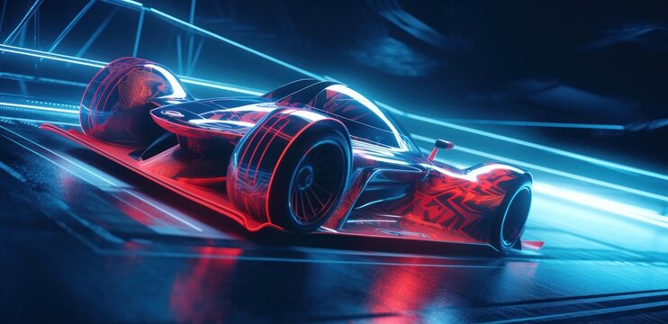 Generative AI of a racing car with red neon lights on the background © LAYHONG