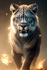 Fototapeta premium Portrait of a Beautiful lion in dark background. Generative AI