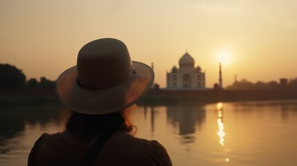 A tourist admiring the breathtaking view of taj mahal, Generative AI 
