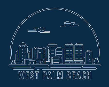 West Palm Beach, Florida - Cityscape With White Abstract Line Corner Curve Modern Style On Dark Blue Background, Building Skyline City Vector Illustration Design