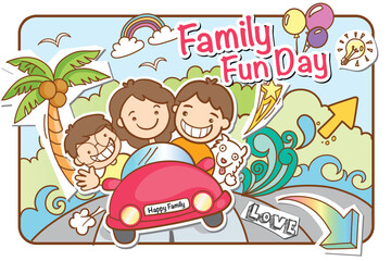 Family Fun Day event poster. Vector illustration of family's happy adventure. Text: Family Fun Day