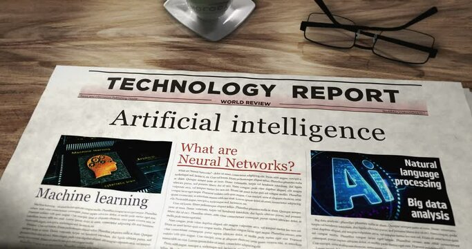Artificial intelligence deep machine learning daily newspaper on table. Headlines news abstract concept 3d.