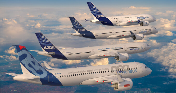 Airbus family flight: A380, A350, A330 and A320 perform spectacular formation flight