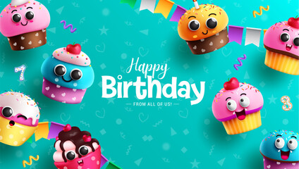 Fototapeta premium Happy birthday text vector design. Birthday text with cute and cupcakes in doodle blue background for card and invitation template. Vector illustration for birthday wrapper.