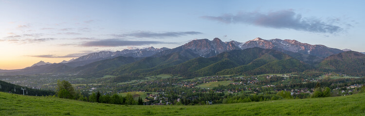 Panorama of the High Tatras from above the resort of Zakopane in Poland
