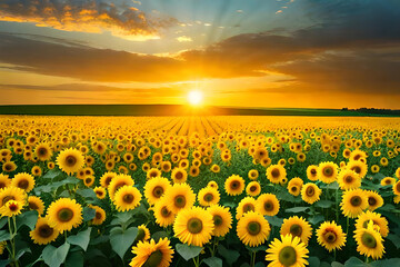 Obraz premium A serene nature landscape with a vast field of blooming sunflowers, their golden petals stretching towards the sky
