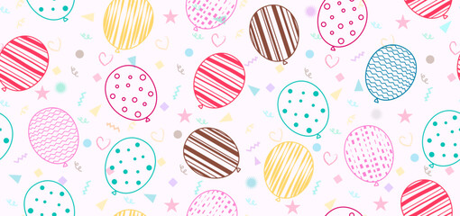 Balloon seamless vector design. Birthday balloons in colorful hand drawn elements for gift wrapper background. Vector illustration endless pattern decoration.